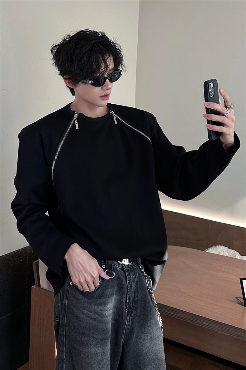 现货高品质垫肩小众机车设计高街痞帅潮男打底衫长袖T恤特P48,男装T恤,电商B319