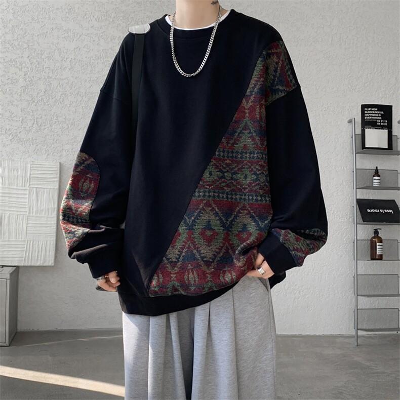 8XL-M民族风拼接卫衣大码胖子费尔岛上衣圆领复古外套WY5106/P55,男装民族服装,电商B238