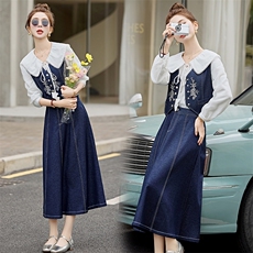 牛仔套装裙女春秋新款时尚洋气刺绣马甲娃娃领衬衫半身裙三件套，女装套装/套裙，悠米