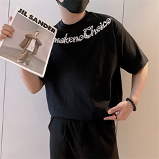 8959/P58控88夏季潮小众烫砖工艺珍珠字母短袖T恤男黑首1，男装T恤，星座305B