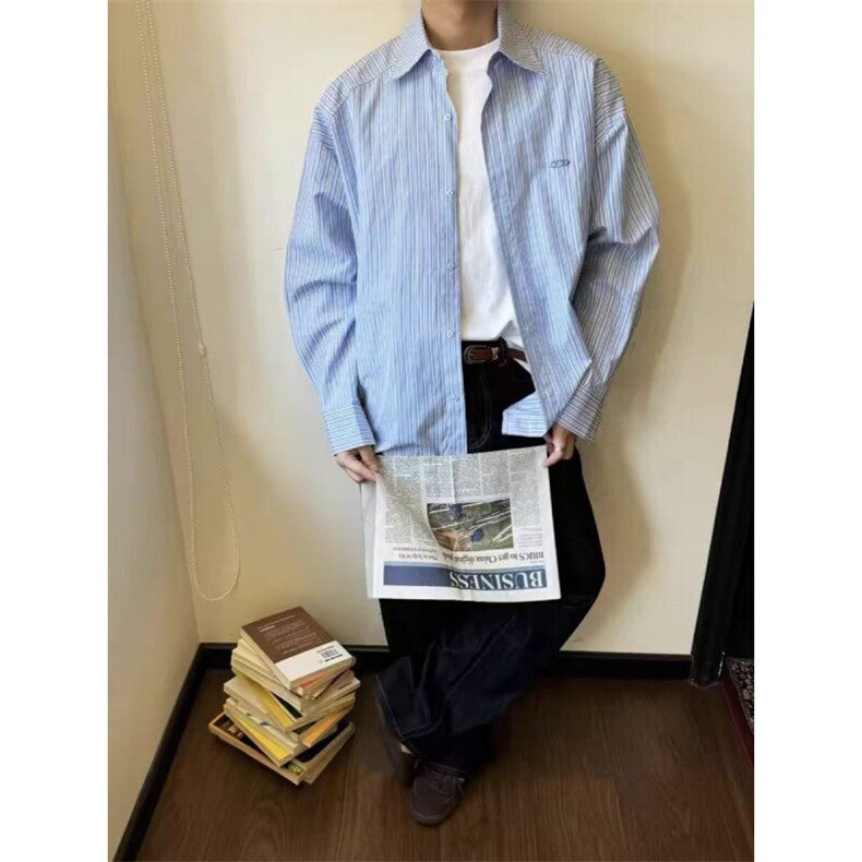 美式辜负度假风蓝白条纹衬衫男女春夏设计感宽松衬衣CS0175P45,男装衬衫,电商D256-1(原A064-1)