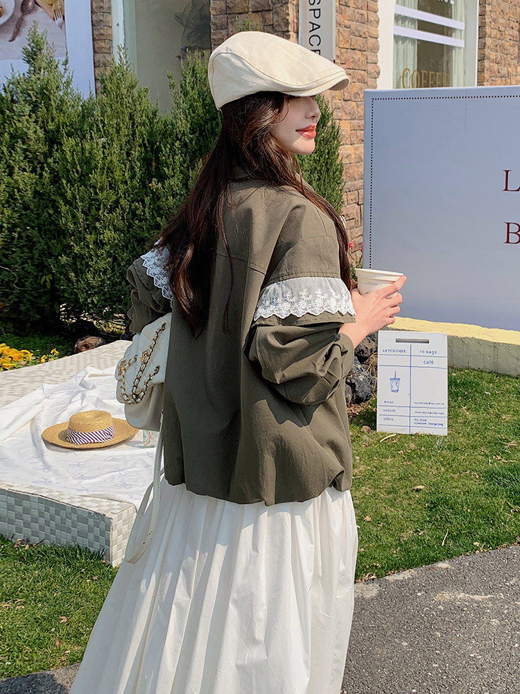 美式复古甜酷风蕾丝拼接暗扣工装外套女2025春款休闲棒球服夹克,女装短外套,蝶眷