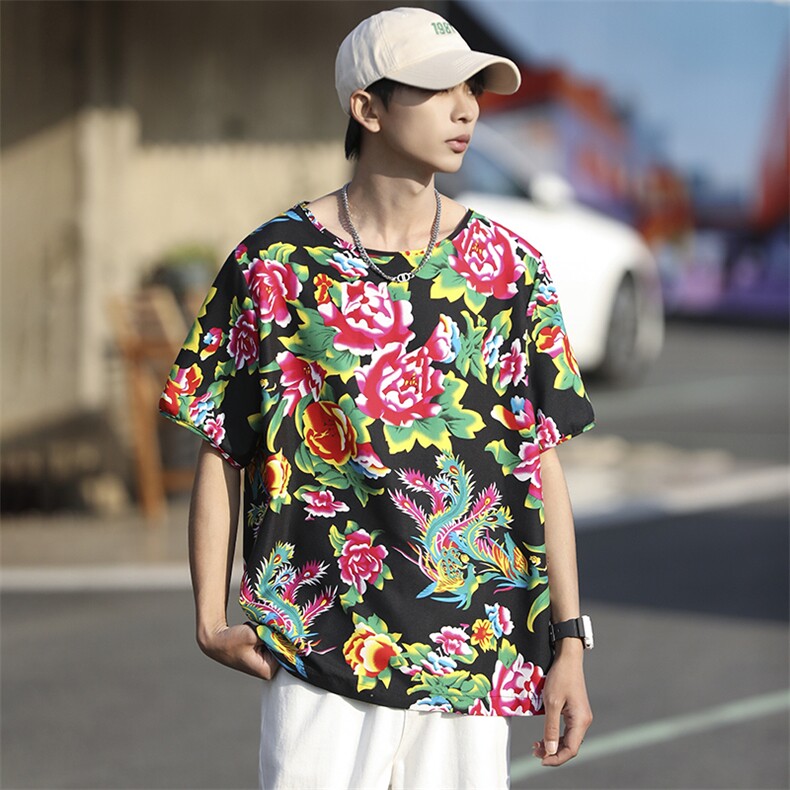 HT203夏男休闲东北大花民族风牡丹花圆领短袖T恤青少年大码男女潮,男装T恤,星座115A(原星座507）
