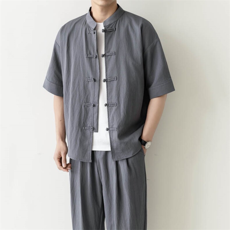 轻熟风风套装男装复古盘扣两件套宽松款A236-TZ82563-P120,男装休闲套装,电商A236