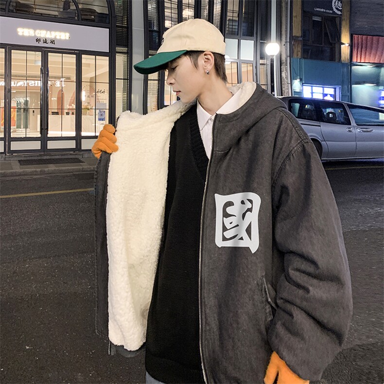 高品质休闲连帽牛仔字母情侣羊羔毛棉衣潮A161-2-MY519-P145，男装棉衣，电商A161-2