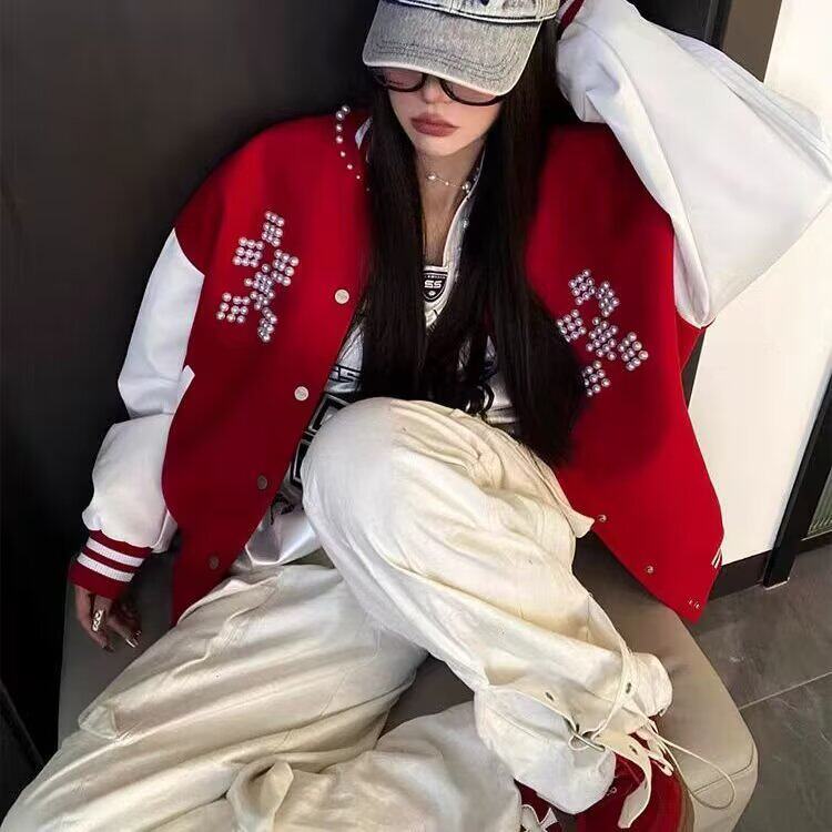 龙凤呢拼皮夹克原宿流行潮流文艺新款简约ins慵懒百搭日系气质图片