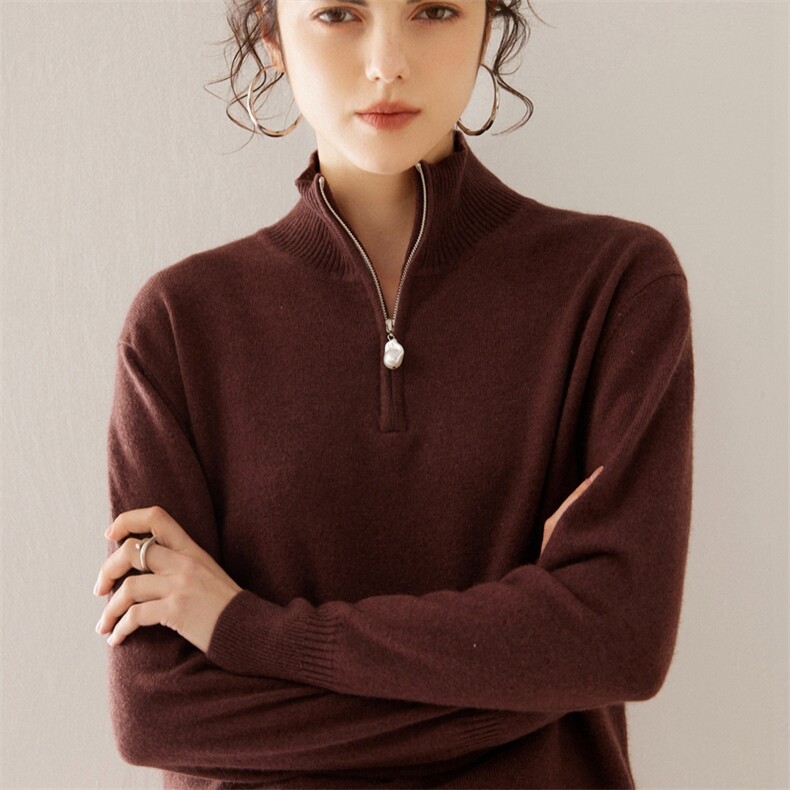 2024秋装新款拉链领菱形格纹宽松显瘦长袖35%羊绒衫,女装羊绒衫,旭友羊绒