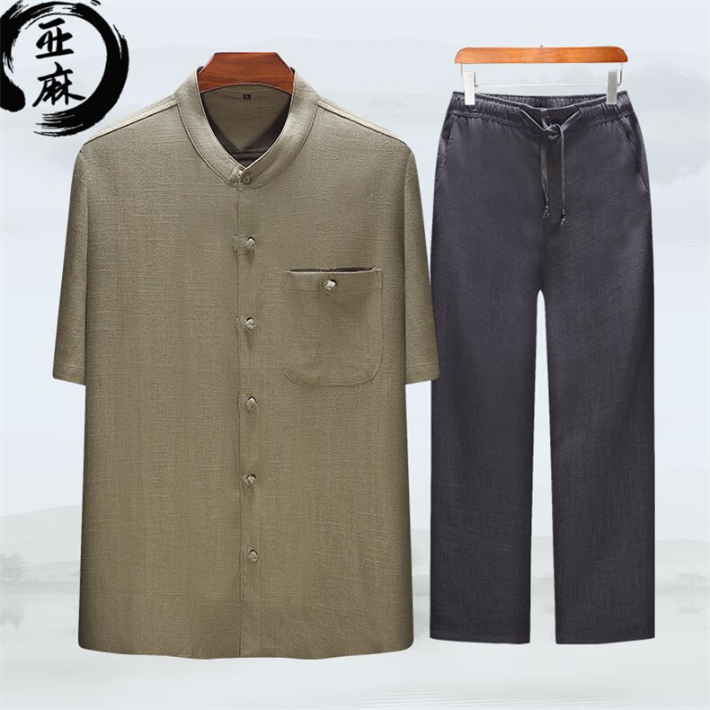 亚麻衬衫男风男装宽松男士休闲套装大码上衣+长裤P130,男装民族服装,星座1105-3