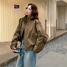 美式复古短款机车风工装夹克外套女2025秋季新款立领设计感上衣，女装短外套，红龙果