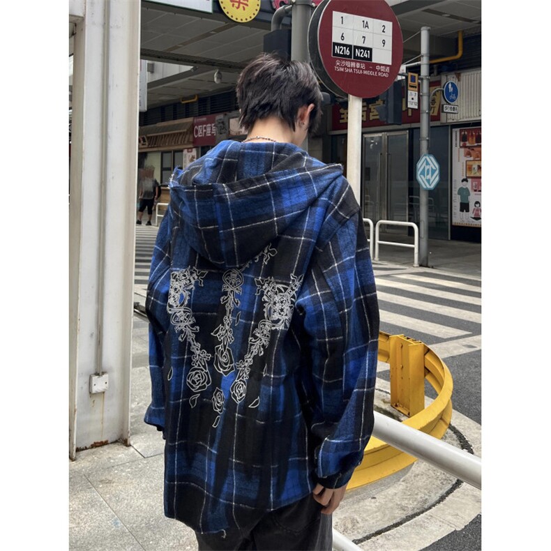 【有货】连帽格子衬衫男高级感痞帅美式拉链夹克外套C300CC-特P55,男装夹克,星座1007（原301D）