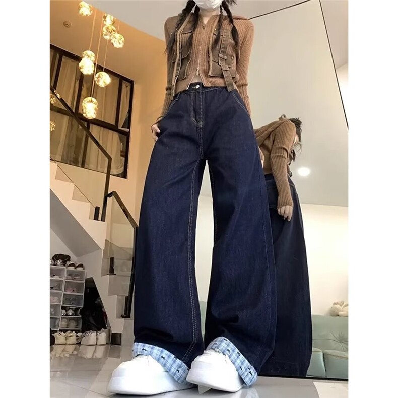 深蓝色阔腿牛仔裤女春秋2025新款宽松垂感设计感拼接弯刀拖地裤子,男装牛仔裤,星座1210-1