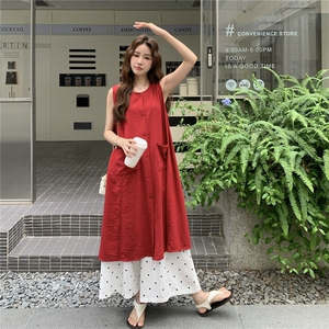 红色无袖衬衫叠穿连衣裙女夏波点阔腿裤两件套装裙巨好看超火爆款图片