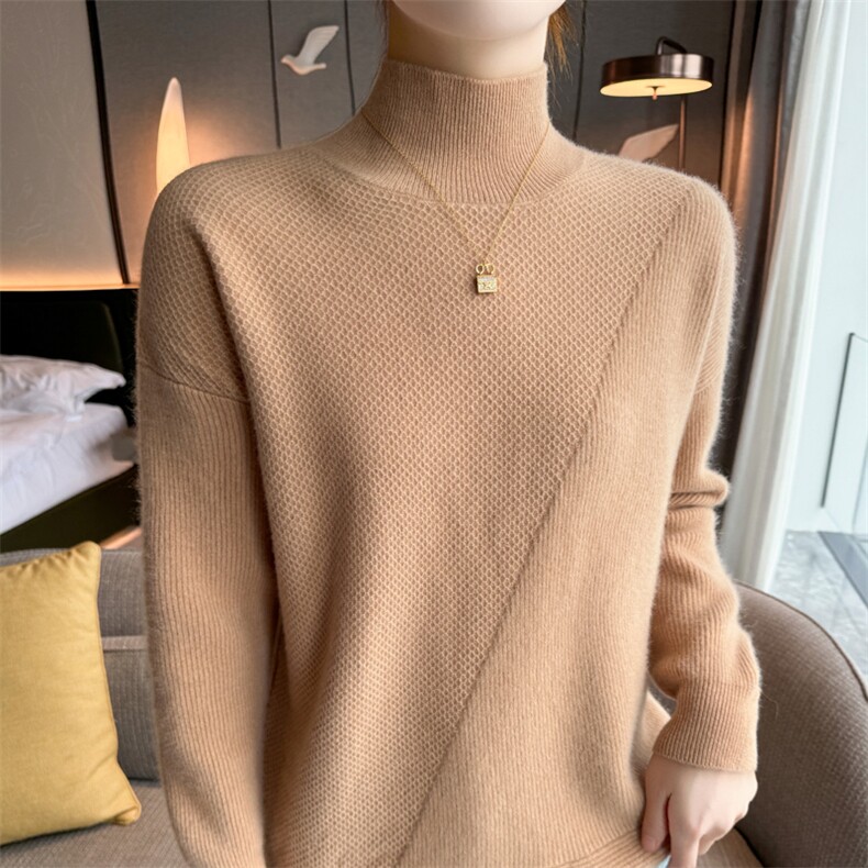 2025冬季100%纯羊毛衫女半高领提花加厚宽松羊绒衫针织打底衫毛衣,女装羊毛衫,迅太羊绒