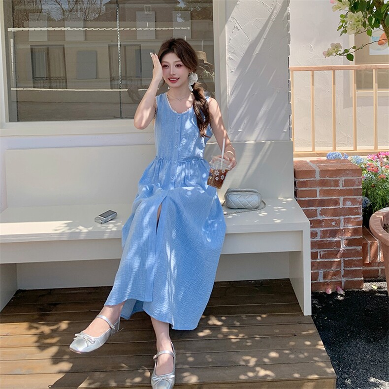 蓝色时尚设计感花边背心连衣裙女2025夏季新款浪漫度假风过膝长裙,女装连衣裙,浙宝276（原081）