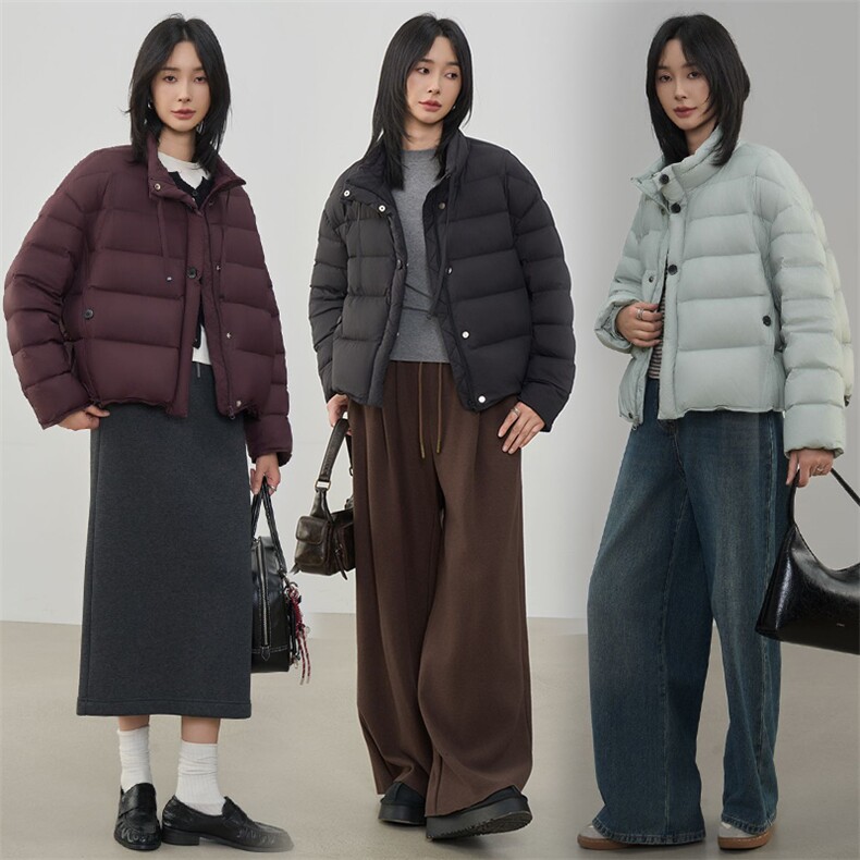 时尚拼色翻领短款羽绒服女2025冬季新款宽松休闲90白鸭绒保暖外套，女装羽绒服，阳光伊恋