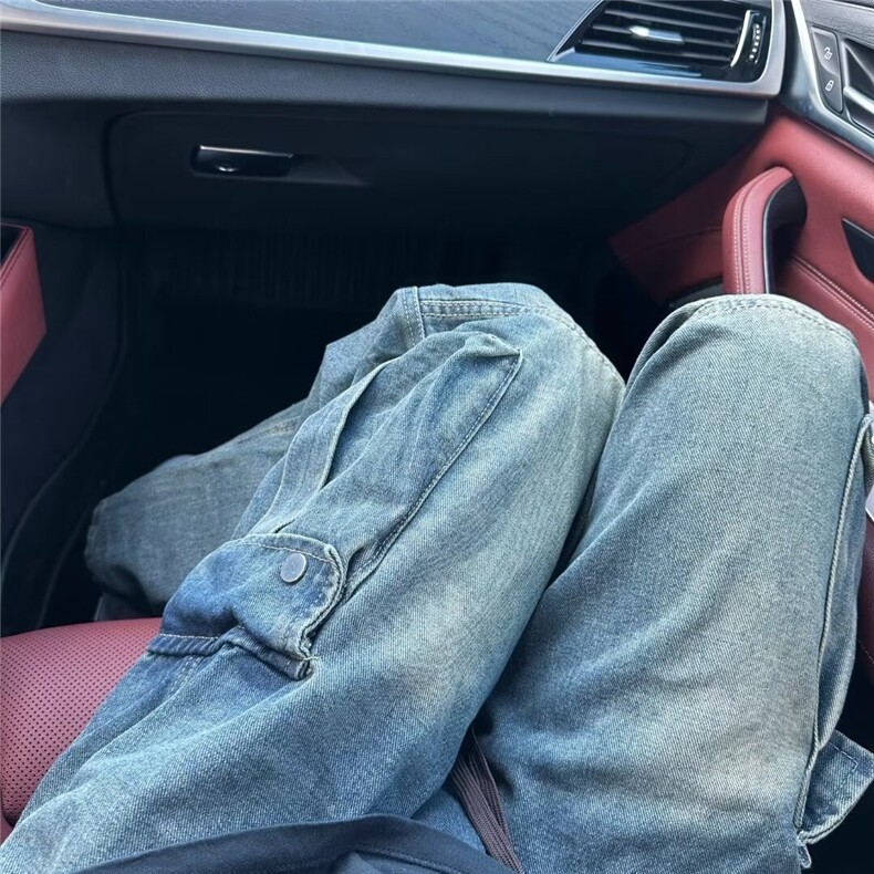 工装牛仔裤男秋冬美式高街宽松阔腿直筒裤多口袋休闲裤K70377-p53,男装休闲裤,星座1008