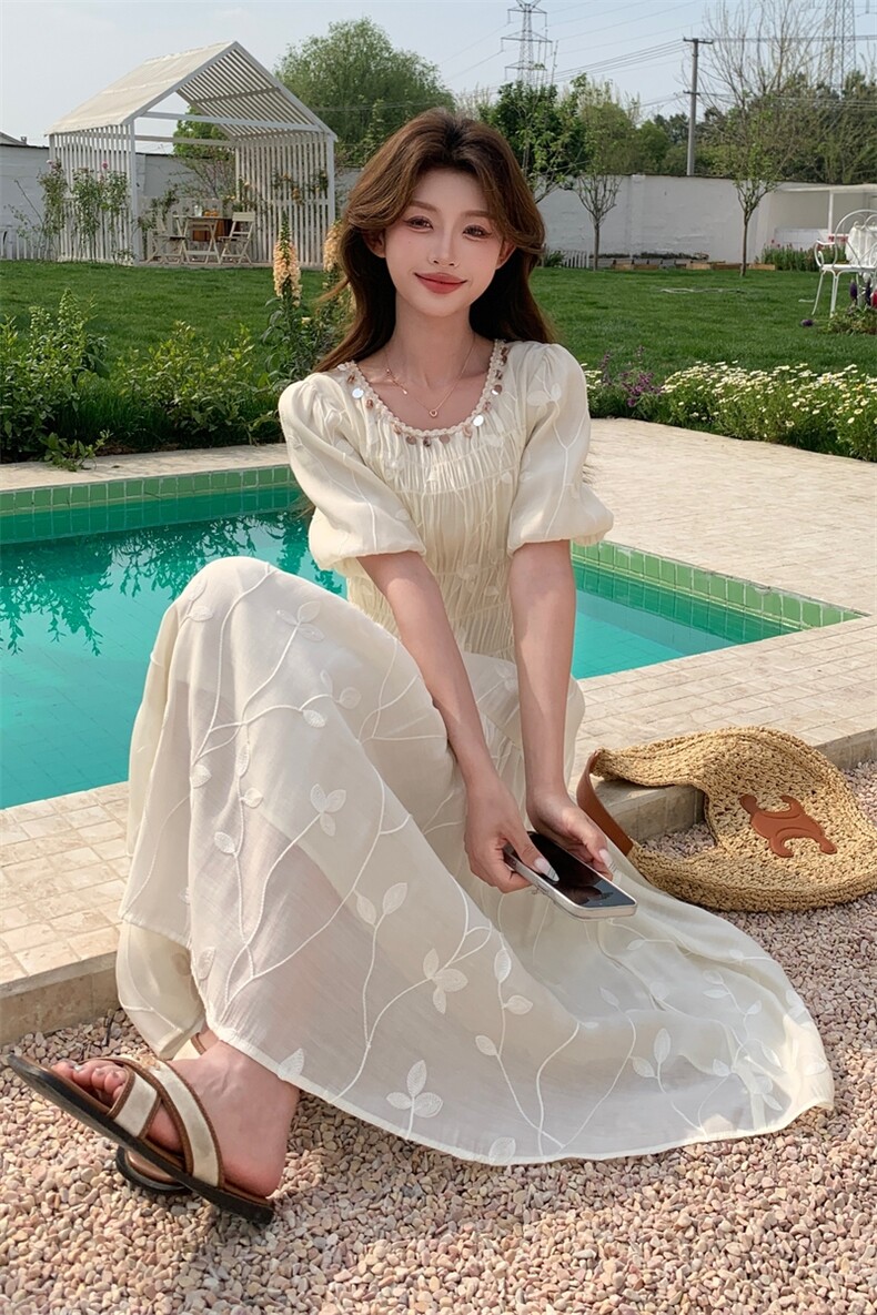 夏季新品！树叶刺绣花度假风连衣裙85108白-208A-P130-K250，女装连衣裙，浙宝208A
