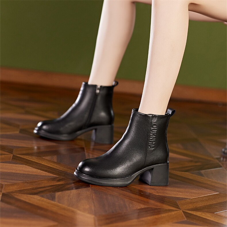 秋冬真皮马丁靴女韩版侧拉链厚底女短靴子，女鞋马丁靴，电商A223