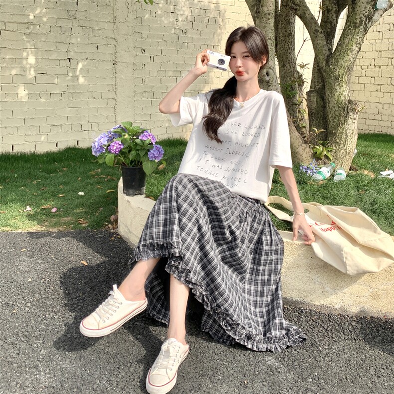 学院风字母T恤格子半身裙套装女2025夏新款韩系休闲小个子两件套,女装套装/套裙,2C166