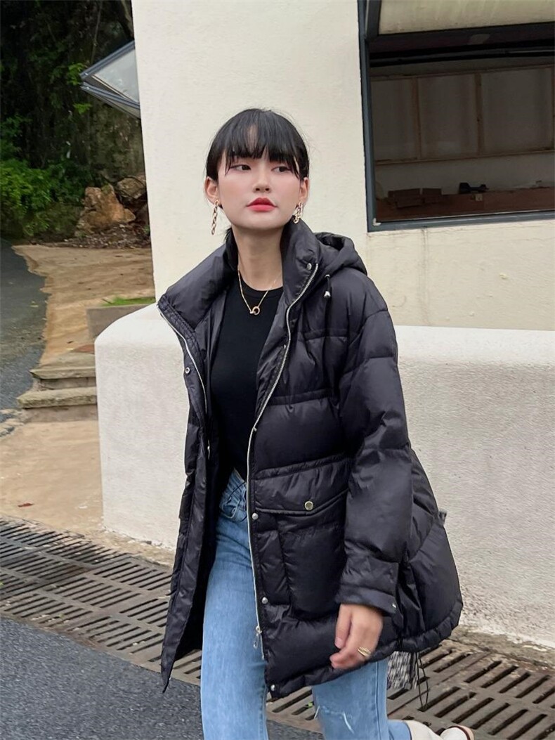 韩版休闲中长款羽绒服，女装羽绒服，那简
