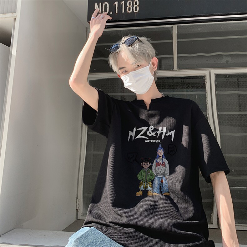 新款抖音直播得物痞帅肌理感V领短袖T7526P25控39,男装T恤,电商C408-1(原B339-1)