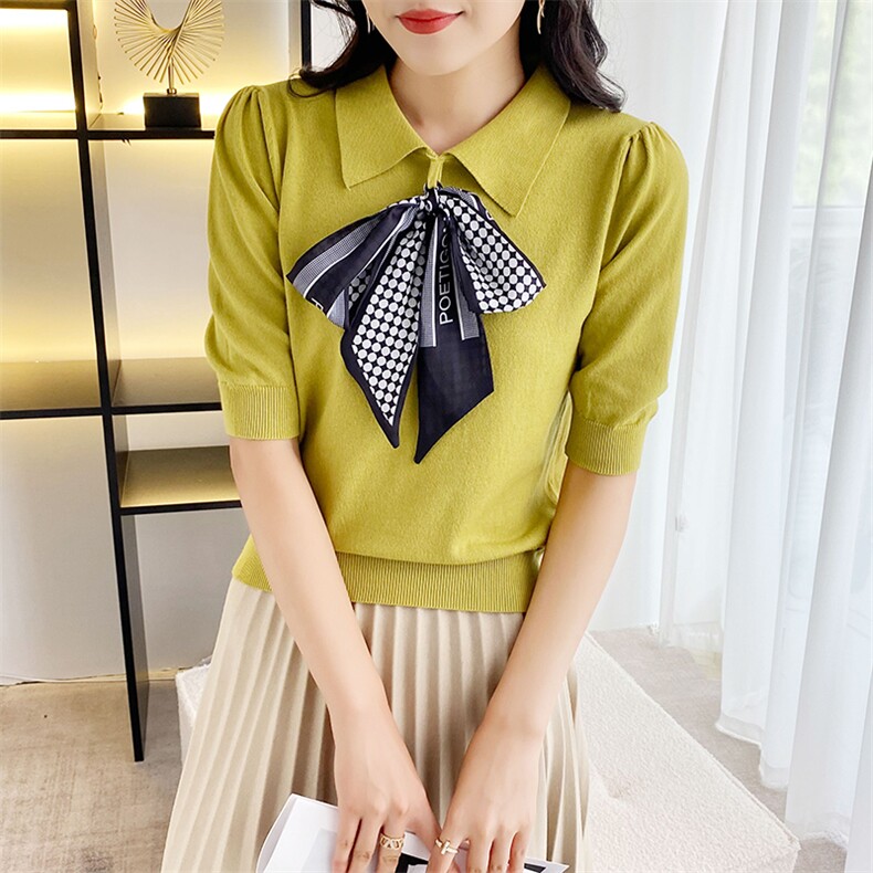 2023春夏羊绒纯色polo领短袖女套头薄针织打底衫短裤宽松丝巾短袖,针织衫/毛衣,佳绒包芯纱店