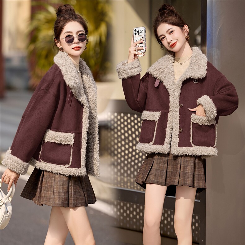 时尚翻领加绒加厚皮毛一体外套2665P165,女装棉衣/棉服,乐衣轩