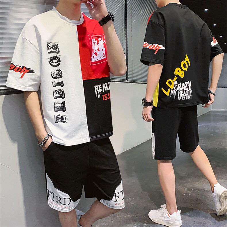 夏季青少年韩版休闲百搭T恤宽松运动套装男F155P55图片