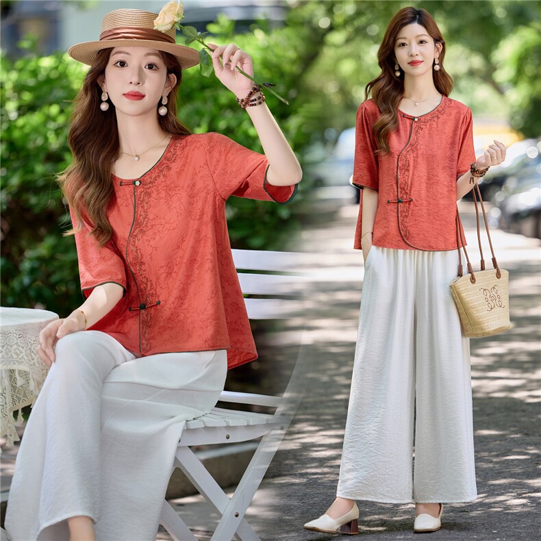 新中式国风休闲套装女2025夏季新款气质刺绣盘扣衬衫阔腿裤两件套，女装套装/套裙，涵墨