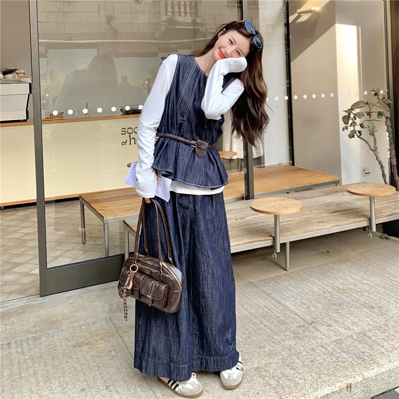 设计感时尚休闲韩版牛仔套装女春秋显瘦背心T恤阔腿裤三件套,女装套装/套裙,维壹