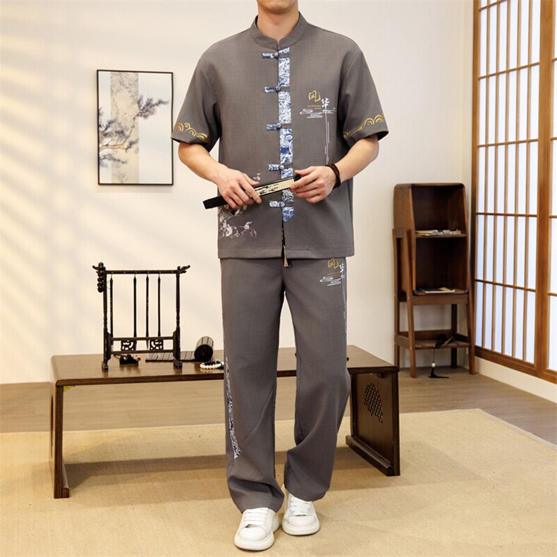 潮风套装男新中式短袖衬衫时尚休闲长裤两件套JZ303-P63,男装T恤,星座310B-3
