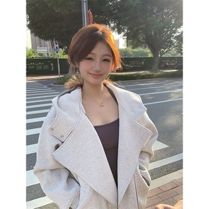 抖音得物品质 26春装美式重磅结构斜拉链高领连帽卫衣开衫外套W61图片