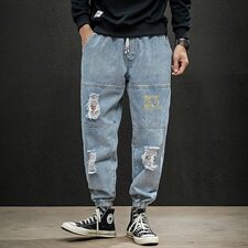 2021春季新日系大码男束脚字母印花破洞拼接九分牛仔裤N8102-P55，男装牛仔裤，电商A001
