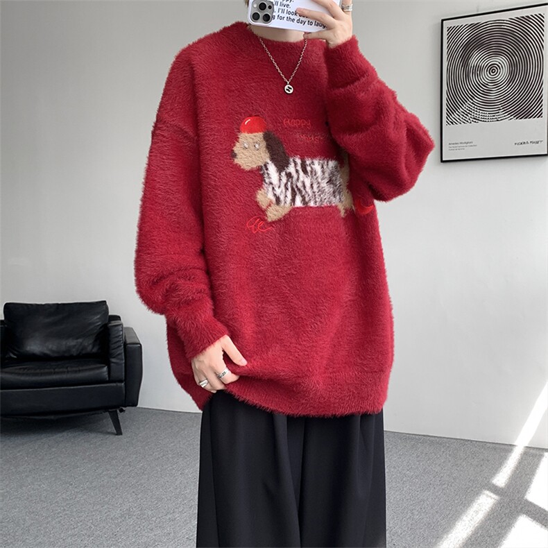 腊肠狗情侣毛衣男酒红色本命年针织衫男高级感线衫MY1222-P68,男装针织衫/毛衣,电商D206-1
