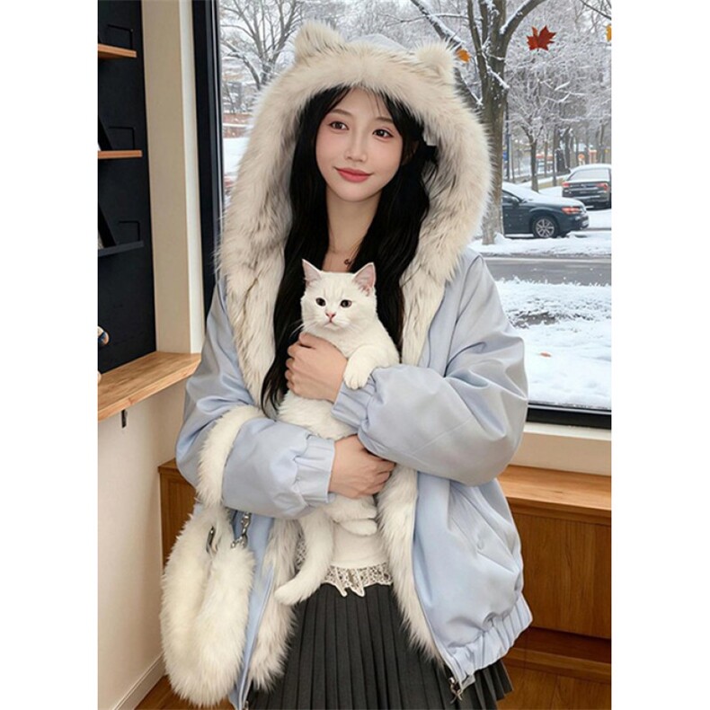 猫耳朵座山雕蓝色连帽棉服冬日女学生防寒保暖棉衣外套 M3621图片