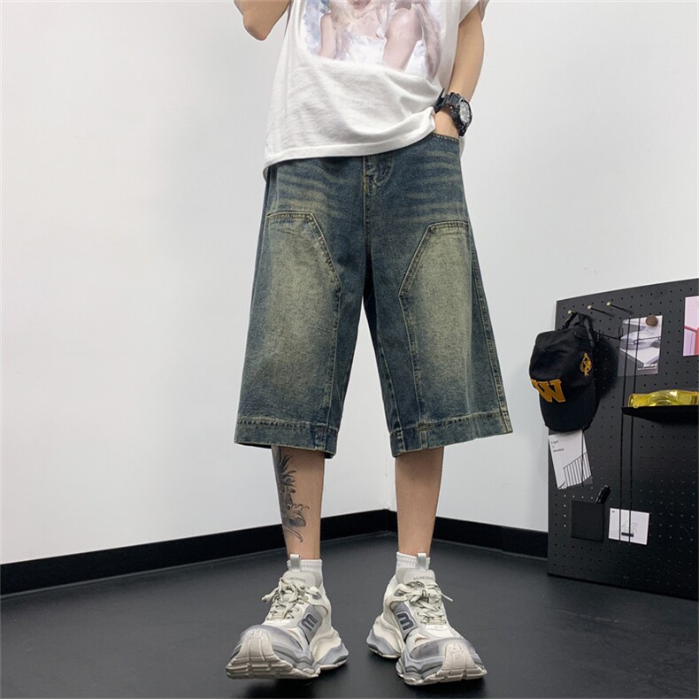夏款男牛仔短裤工装大口袋渐变色直筒宽松七分裤D2577 P45图片