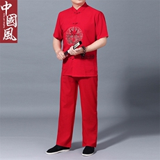 男士套装2023夏季新款中年爸爸短袖唐装男式衬衫风盘扣两件套，男装民族服装，电商B212（原钱塘6029）