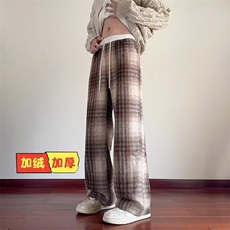 网络图毛呢小众格子裤男女秋冬加绒2025新款直筒休闲宽松拖地裤，男装卫衣，星座410-7