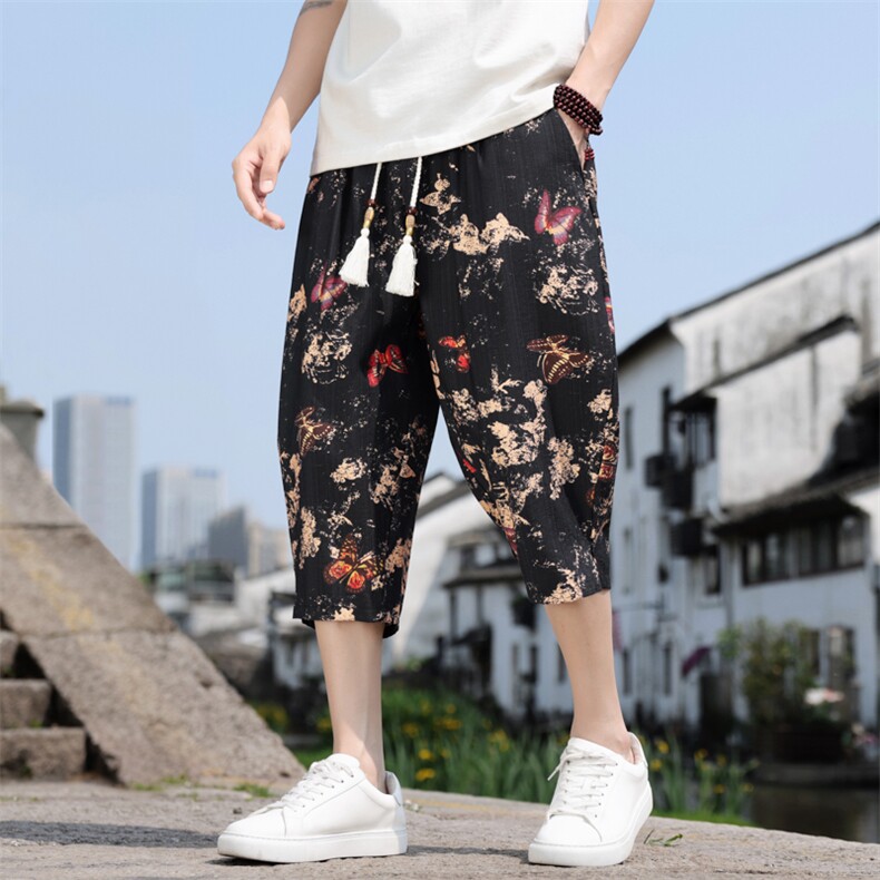棉麻薄款七分裤男宽松小脚水墨印花风休闲裤A266-1-KZ772-P50,男装牛仔裤,电商A266-1