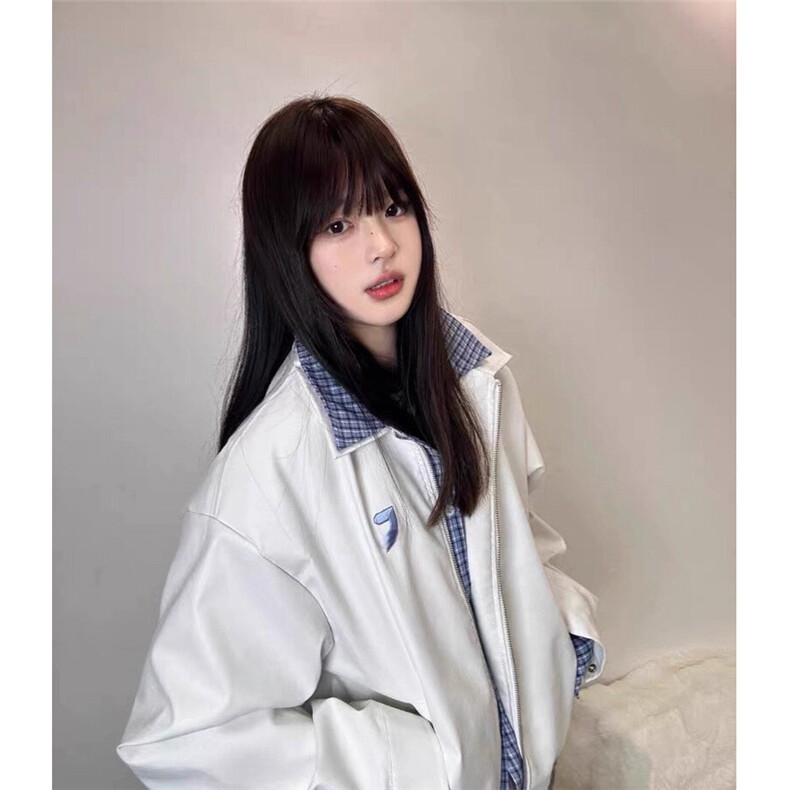 美式复古假两件格子拼接皮衣夹克男女2025春秋冬新款宽松休闲外套，男装皮衣，四季星座505