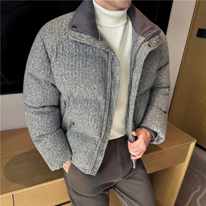 小香风编织呢料~肌理立领加厚保暖棉服男短款外套咖色M25105-P247图片