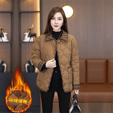 新款加绒拼接时尚格纹翻领棉服892P120，女装棉衣/棉服，乐衣轩