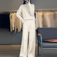 2025秋冬百搭时尚简约圆领长袖长裤针织衫套装，女装套装/套裙，暖思雅