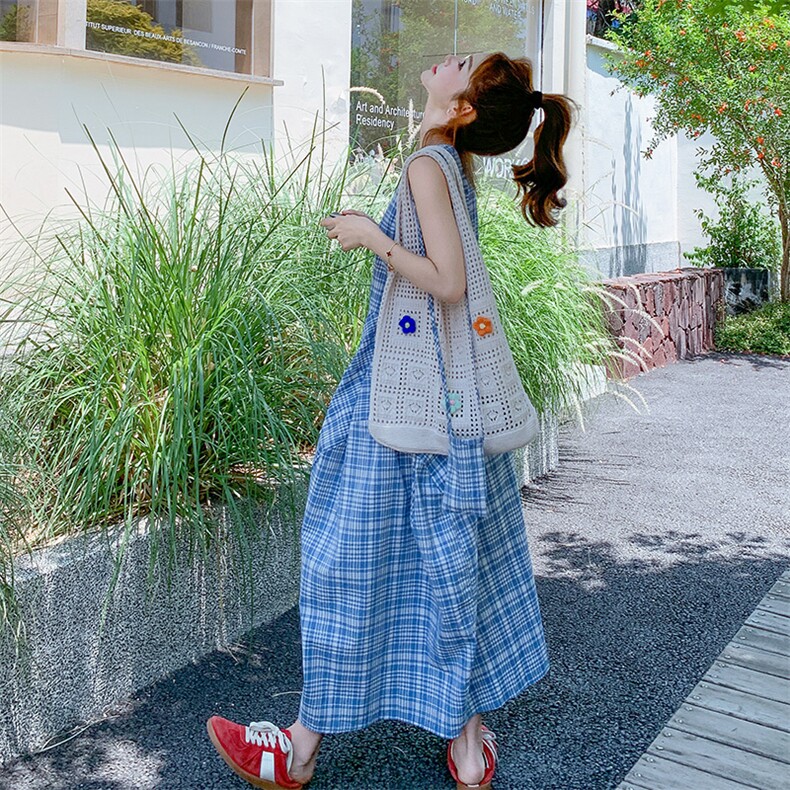 蓝色格子无袖背心连衣裙女2025夏季新款设计感减龄显瘦度假风长裙,女装连衣裙,2D080