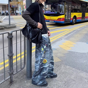 欧美复古街头涂鸦印花破洞乞丐牛仔裤男潮牌宽松嘻哈炸街阔腿长裤图片