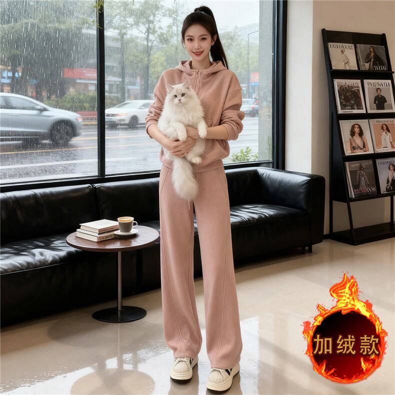 时尚运动风加绒套装女秋冬高级感加厚连帽卫衣高腰阔腿长裤两件套图片