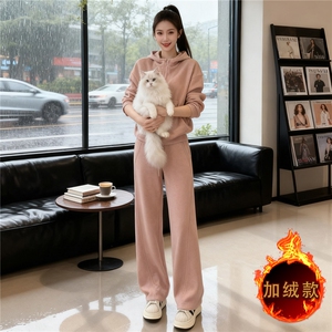 时尚运动风加绒套装女秋冬高级感加厚连帽卫衣高腰阔腿长裤两件套图片