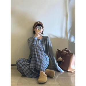 AK2430-P50 网红垂感格纹 女春秋韩版高腰显瘦百搭休闲拖地裤图片