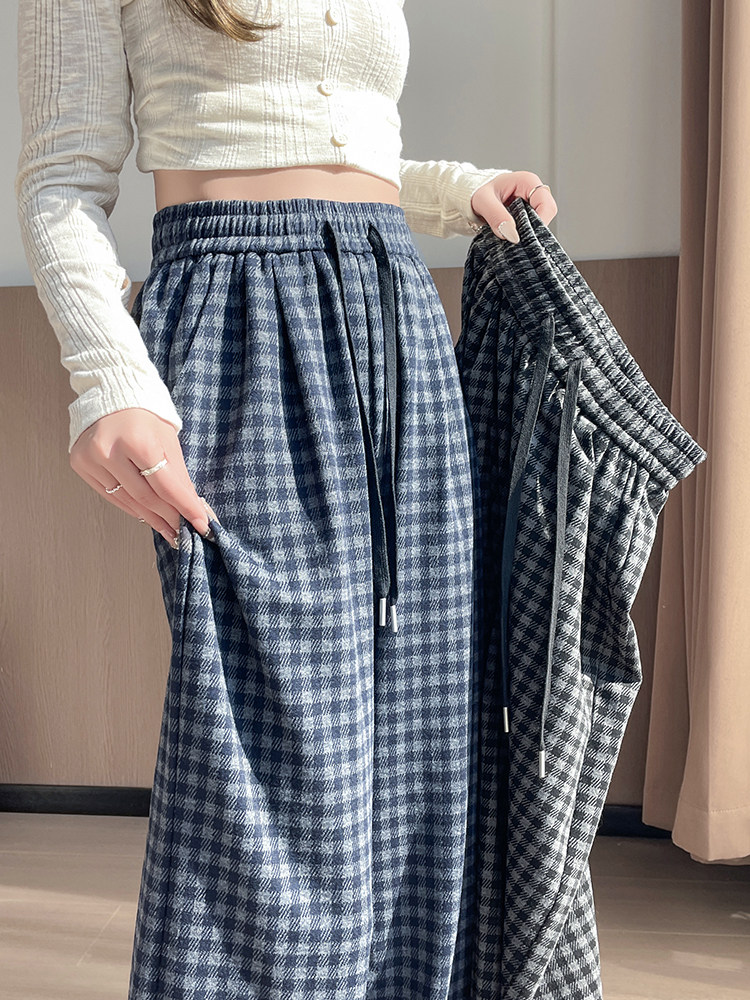 休闲直筒高腰复古格子裤女宽松抽绳阔腿慵懒风加长阔腿裤,女装休闲裤,云美莎专业女裤-全店现货