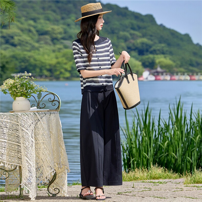 2026年夏季圆领亚麻棉条纹短袖衫上衣阔腿裤两件套装,女装套装/套裙,简韵佳